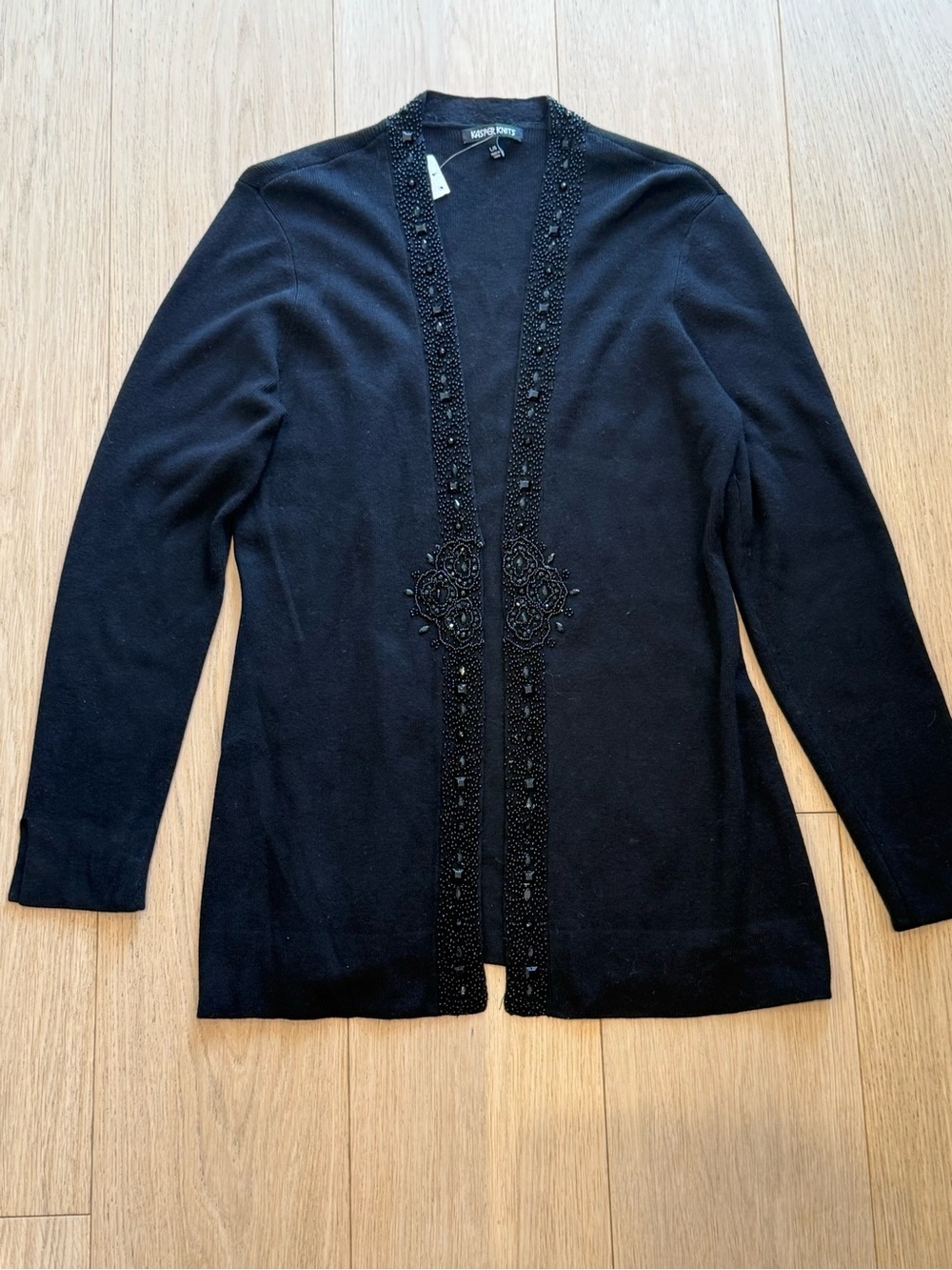Kasper Black Beaded Cardigan Sweater Elegant Open Front Embellished Trim Luxe